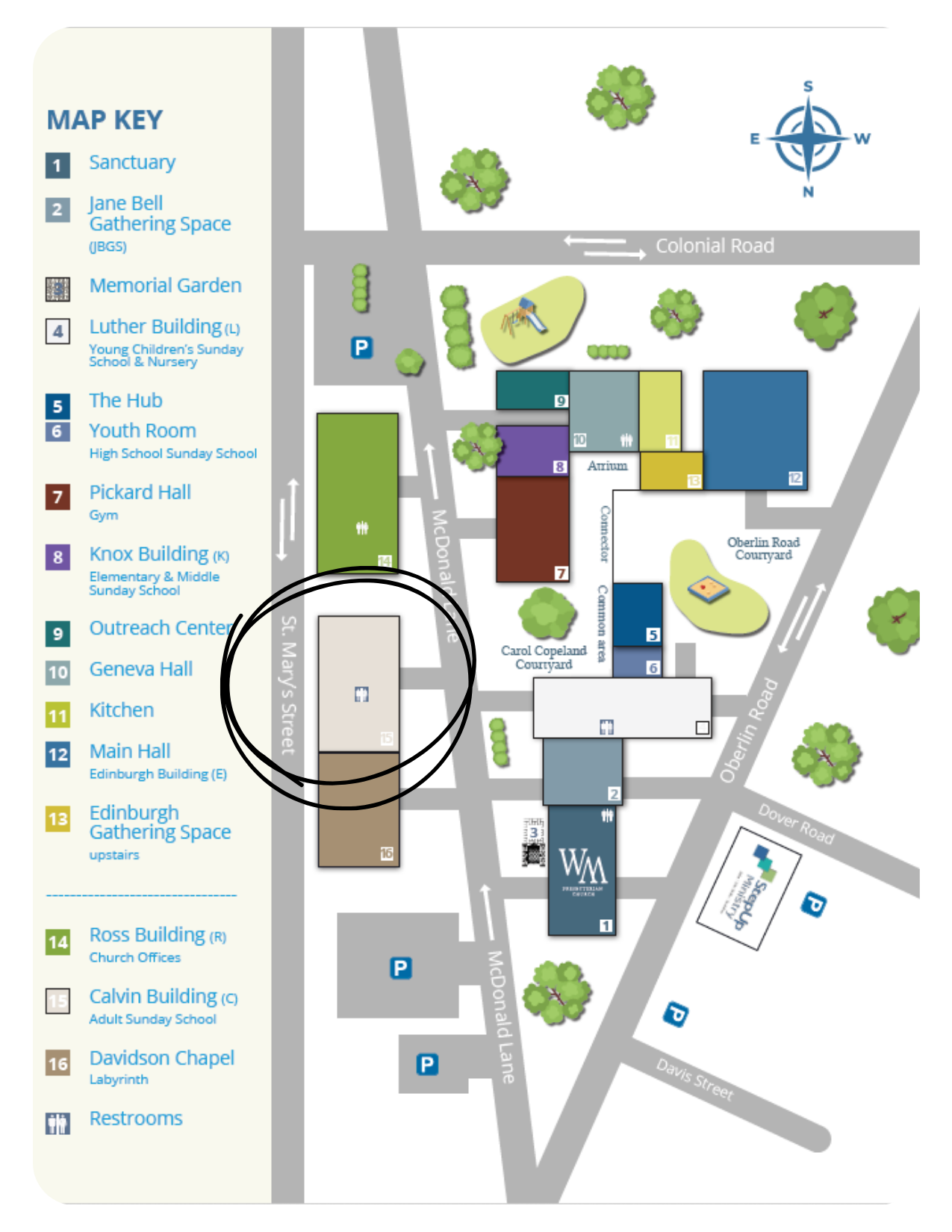 White Presbyterian Church campus map showing the Calvin Building location circled